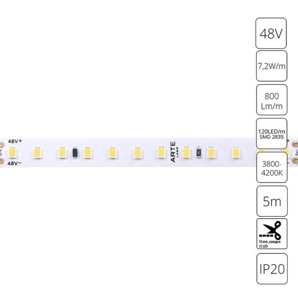 A4812010-02-4K Светодиодная лента 48В 7.2Вт/м 800Лм/м 4000К CRI 90+ 10мм SMD2835 120шт/м 5м IP20