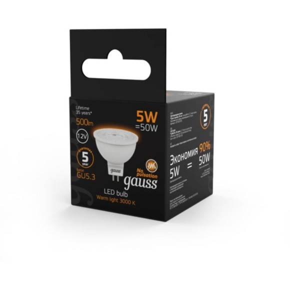 201505105 Лампа Gauss LED MR16 GU5.3 5W 12V 500lm 2700K 1/10/100