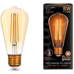 157802008 Лампа Gauss LED Filament ST64 E27 8W Golden 740lm 2400К 1/10/40