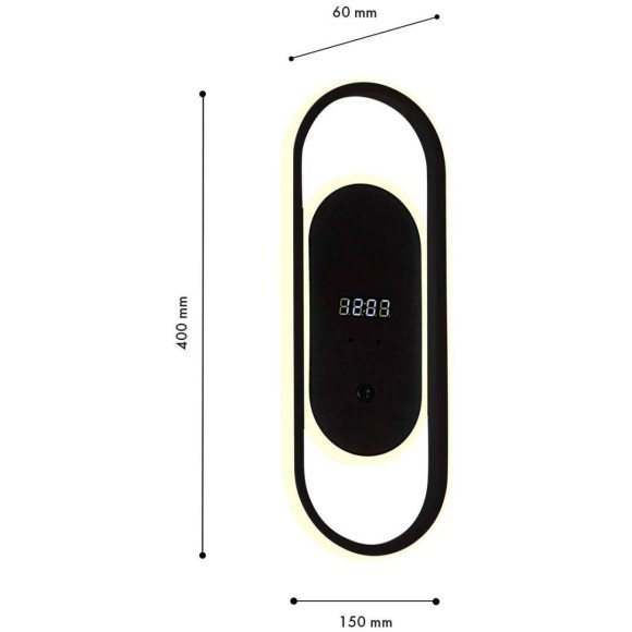 4690-1W Настенный светодиодный светильник с выключателем на основании и цифровыми часами, черный, 26Вт 2070Лм 4000К 120° 