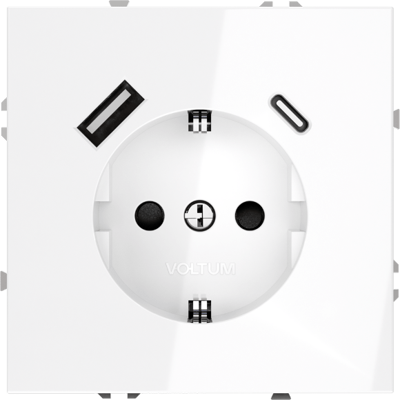 VLS040501 Розетка встраиваемая с заземлением и защитными шторками и с двумя USB зарядками Type-А и Type-C. Ток 16 Ампер (3500 Ватт) белого глянцевого цвета VOLTUM S70 (белый глянцевый)