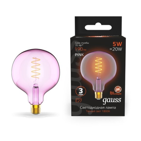 1011802105 Лампа Gauss Filament G125 5W 190lm 1800К Е27 pink flexible LED 1/10