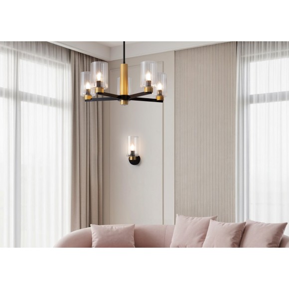 Люстра потолочная, прозрачные стеклянные плафоны, черно-латунное основание E14 5шт Freya Ombre FR2051CL-05BBS Люстра потолочная, прозрачные стеклянные плафоны, черно-латунное основание E14 5шт Freya Ombre FR2051CL-05BBS