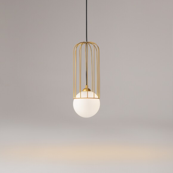 Подвесной светильник Maytoni Telford P361PL-01G G9 25Вт золото, стеклянный матовый плафон белый, декоративная металлическая решётка, рег. высота 405-1680 мм, современный интерьерный светильник