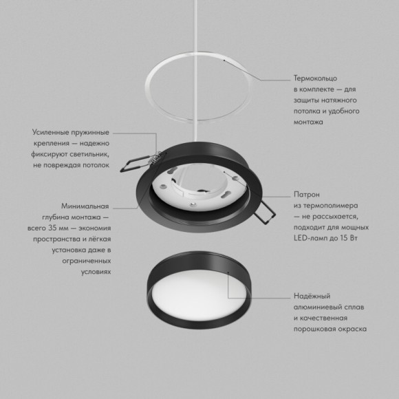 Встраиваемый точечный светильник Denkirs RATIO DK-DH2000-BK (GX53, LED, 15 Вт, IP20, черный, алюминий, акрил)