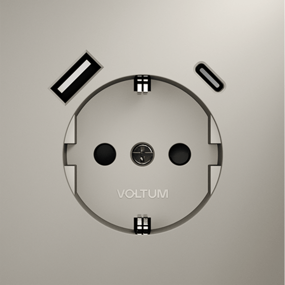 VLS040503 Розетка встраиваемая с заземлением и защитными шторками и с двумя USB зарядками Type-А и Type-C. Ток 16 Ампер (3500 Ватт) кашемирового цвета VOLTUM S70 (кашемир)