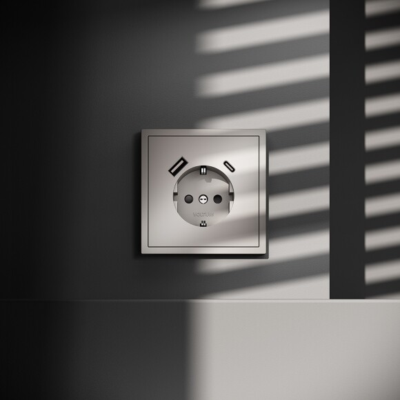 VLS040503 Розетка встраиваемая с заземлением и защитными шторками и с двумя USB зарядками Type-А и Type-C. Ток 16 Ампер (3500 Ватт) кашемирового цвета VOLTUM S70 (кашемир)