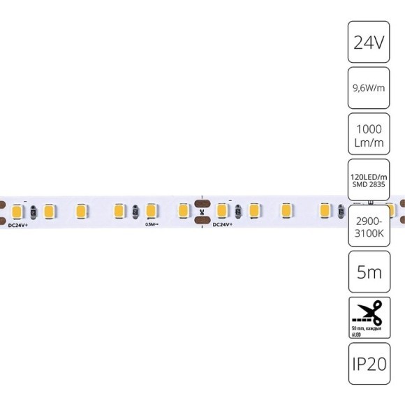 A2412008-01-3K Светодиодная лента 24В 9,6Вт/м 1000Лм/м 3000К CRI 90+ 8мм SMD2835 120шт/м 5м IP20