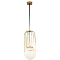 Подвесной светильник Maytoni Telford P363PL-01G Е27 макс 25Вт, золото, стеклянный матовый плафон белый, декоративная металлическая решётка, рег. высота 595-1760 мм, современный интерьерный светильник