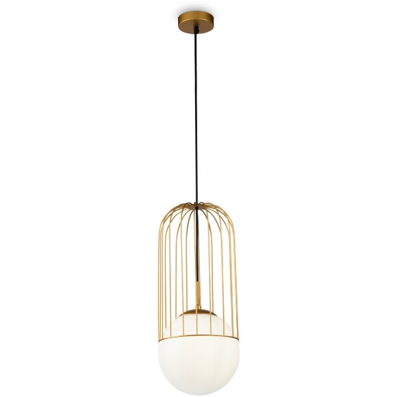 Подвесной светильник Maytoni Telford P363PL-01G Е27 макс 25Вт, золото, стеклянный матовый плафон белый, декоративная металлическая решётка, рег. высота 595-1760 мм, современный интерьерный светильник