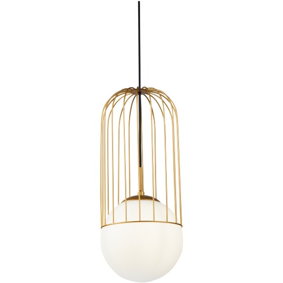 Подвесной светильник Maytoni Telford P363PL-01G Е27 макс 25Вт, золото, стеклянный матовый плафон белый, декоративная металлическая решётка, рег. высота 595-1760 мм, современный интерьерный светильник