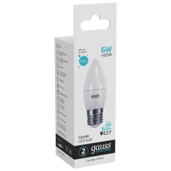 33226 Лампа Gauss LED Elementary Свеча 6W E27 450lm 4100K 1/10/50