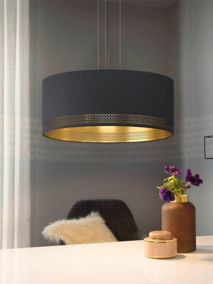 99274 ESTEPERRA Подвесная люстра с тремя лампами E27, тканевый золотой абажур, черный металл, 220В