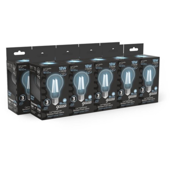 102902218 Лампа Gauss Filament А60 18W 1650lm 4100К Е27 LED 1/10/40