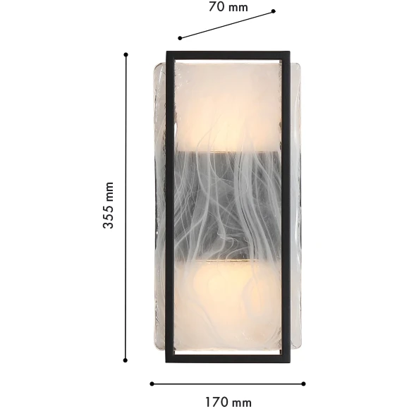 Favourite Powder 4825-2W Современный черный уличный светодиодный настенный светильник в неоклассическом стиле, металл черный, плафон стекло, LED 2x8Вт 3000K 2x480Лм CRI90 IP65 220В, размеры D70xW170xH355мм
