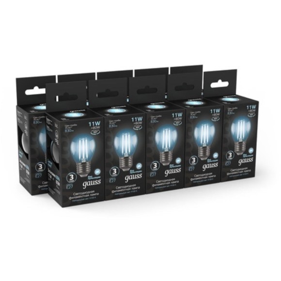 105802211 Лампа Gauss Filament Шар 11W 830lm 4100К Е27 LED 1/10/50
