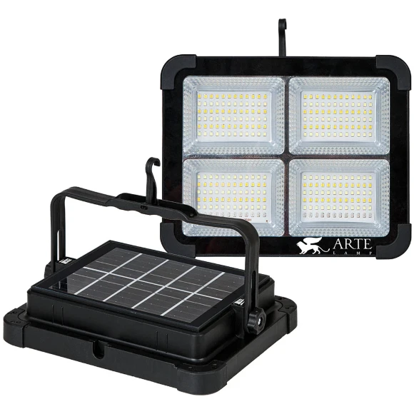 Arte Lamp AVIOR A8100AL-1BK Походный переносной аккумуляторный (4800 мА/ч) уличный прожектор, зарядка от солнца или USB TYPE-C, функция пауер-банка, магнитное, подвесное или накладное крепление, время работы 4-8 часов, LED 10Вт CRI70 550лм 3000/4500/8500K