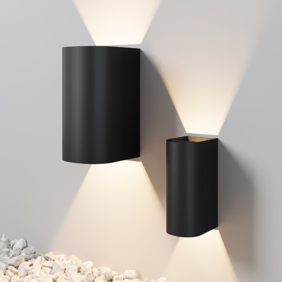 Maytoni Drape O526WL-L20B3K Уличный настенный полукруглый светодиодный фасадный светильник-бра высотой 23 см, стиль минимализм, свет вверх-вниз, металл черный алюминий, LED 20Вт 3000K 1000Лм CRI80 80° 220В IP65 -40...+50°C