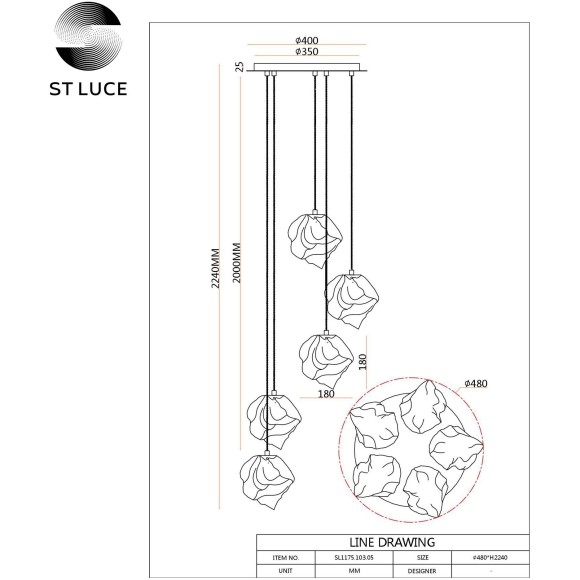 SL1175.303.05 Светильник подвесной ST-Luce Латунь/Янтарный E14 5*40W PORTICI