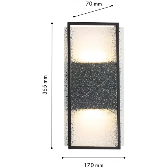 Favourite Powder 4826-2W Современный черный уличный светодиодный настенный светильник в неоклассическом стиле, металл черный, плафон стекло, LED 2x8Вт 3000K 2x480Лм CRI90 IP65 220В, размеры D70xW170xH355мм