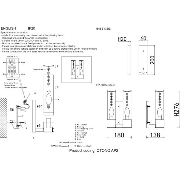 Бра Crystal Lux OTONO AP2 BRASS/TRANSPARENTE