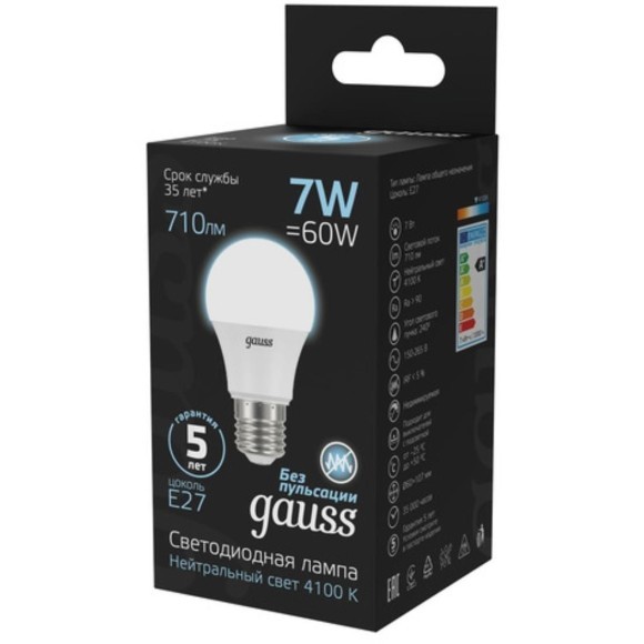 102502207 Лампа Gauss LED A60 E27 7W 710lm 4100K 1/10/40