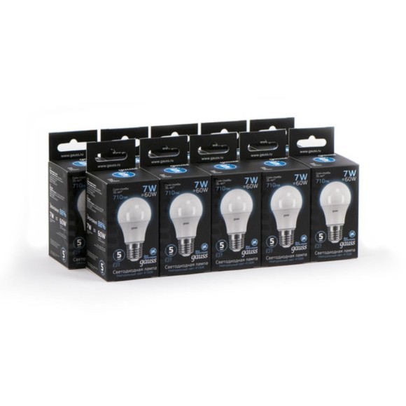 102502207 Лампа Gauss LED A60 E27 7W 710lm 4100K 1/10/40
