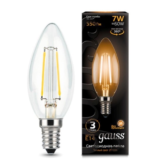 103801107 Лампа Gauss LED Filament Свеча E14 7W 550lm 2700К 1/10/50