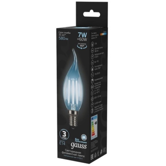 104801207 Лампа Gauss LED Filament Свеча на ветру E14 7W 580lm 4100К 1/10/50