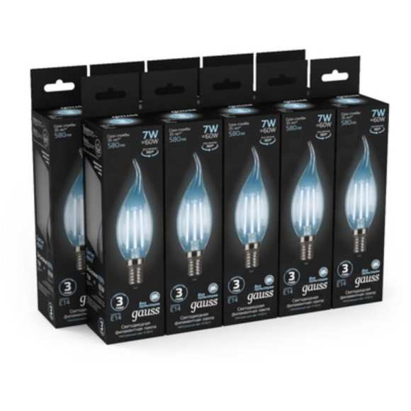 104801207 Лампа Gauss LED Filament Свеча на ветру E14 7W 580lm 4100К 1/10/50