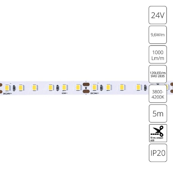 A2412008-02-4K Светодиодная лента 24В 9,6Вт/м 1000Лм/м 4000К CRI 90+ 8мм SMD2835 120шт/м 5м IP20