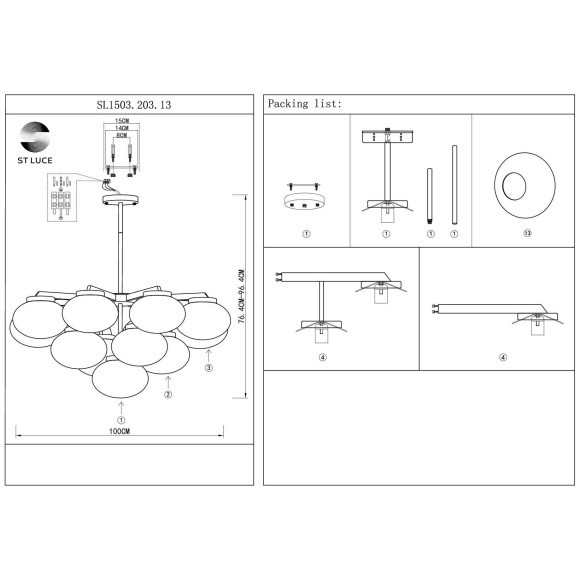 SL1503.203.13 Люстра подвесная ST-Luce Золотистый/Белый E27 13*40W MODICA SL1503.203.13 Люстра подвесная ST-Luce Золотистый/Белый E27 13*40W MODICA