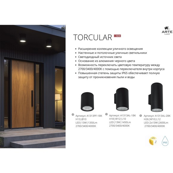 Фасадный светильник LED 2700/3400/4000 750Lm Arte Lamp TORCULAR A1307AL-1BK