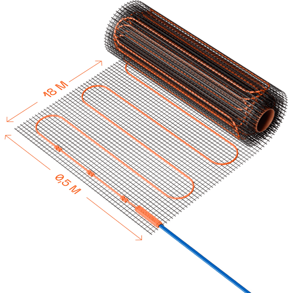 VLT01-200-9.0 Нагревательный мат (Теплый пол) длиной 18 метров и шириной полметра (0.5 метра) Voltum Т200 мощность 1800Вт 200Вт/м², двужильный экранированный кабель, клеевая сетка, укладка в плиточный клей/стяжку, гарантия 25 лет