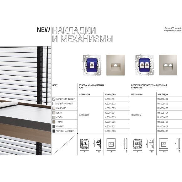 VLS060201 Розетка компьютерная двойная RJ45+RJ45 категории 6Е (для проводов CAT5-CAT6 до 10 Гбит/сек) белого глянцевого цвета VOLTUM S70 (белый глянцевый)