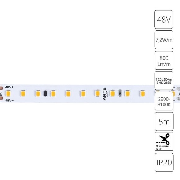 A4812010-01-3K Светодиодная лента 48В 7.2Вт/м 800Лм/м 3000К CRI 90+ 10мм SMD2835 120шт/м 5м IP20