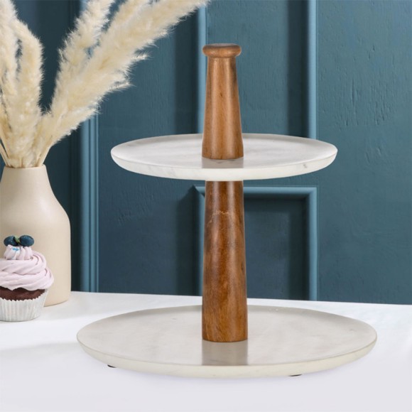 427261 MAKILALA Декоративное блюдо-этажерка L255, B255, H280, дерево, мрамор, белый