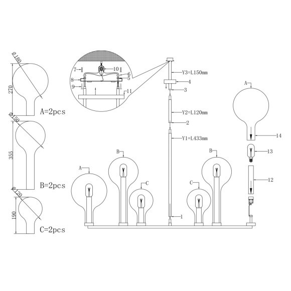 Латунная люстра на штангах (75-48см) с прозрачными плафонами, 6 ламп E14 Maytoni Status MOD333PL-06BS1