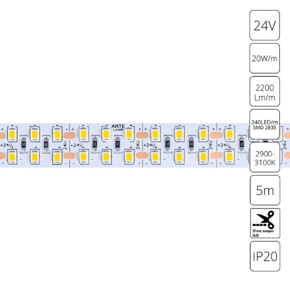 A2424015-01-3K Светодиодная лента 24В 20Вт/м 2200Лм/м 3000К CRI 90+ 15мм SMD2835 240шт/м 5м IP20