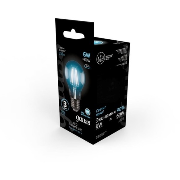 102802206 Лампа Gauss LED Filament A60 E27 6W 630lm 4100К 1/10/40