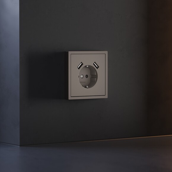 VLS000914 Накладка для розетки с заземлением и защитными шторками, с зарядкой от USB (ТИП A + ТИП A) коричневого цвета VOLTUM S70 (купучино)