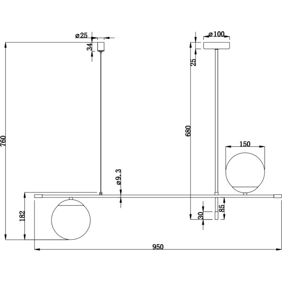 Maytoni Nostalgia MOD048PL-02G Современный подвесной линейный светильник длиной 95 см, высота 85 см, основание металл черный/золото, плафоны стекло белое матовое, диаметр 15 см, лампы E14 2x40W IP20 220В