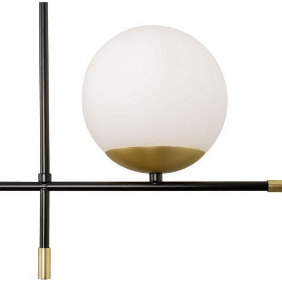 Maytoni Nostalgia MOD048PL-02G Современный подвесной линейный светильник длиной 95 см, высота 85 см, основание металл черный/золото, плафоны стекло белое матовое, диаметр 15 см, лампы E14 2x40W IP20 220В