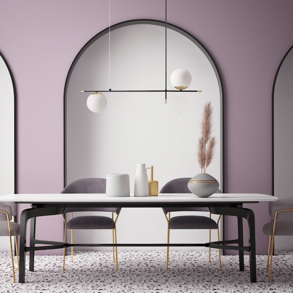 Maytoni Nostalgia MOD048PL-02G Современный подвесной линейный светильник длиной 95 см, высота 85 см, основание металл черный/золото, плафоны стекло белое матовое, диаметр 15 см, лампы E14 2x40W IP20 220В