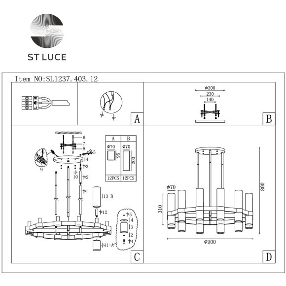 SL1237.403.12 Люстра подвесная ST-Luce Черный/Прозрачный E14 12*15W ISLA