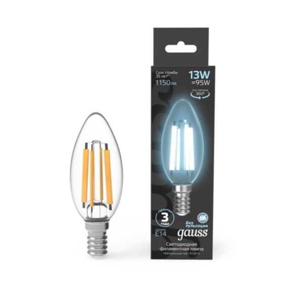 103801213 Лампа Gauss Filament Свеча 13W 1150lm 4100К Е14 LED 1/10/50