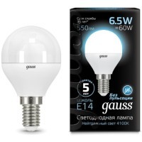 105101207 Лампа Gauss LED Шар E14 6.5W 550lm 4100K 1/10/50