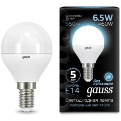 105101207 Лампа Gauss LED Шар E14 6.5W 550lm 4100K 1/10/50 105101207 Лампа Gauss LED Шар E14 6.5W 550lm 4100K 1/10/50
