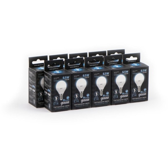 105101207 Лампа Gauss LED Шар E14 6.5W 550lm 4100K 1/10/50