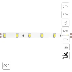 Светодиодная лента 24В 4,8Вт/м 550Лм/м 6000К CRI 90+ 8мм SMD2835 IP20 5м Arte Lamp TAPE A2406008-03-6K Светодиодная лента 24В 4,8Вт/м 550Лм/м 6000К CRI 90+ 8мм SMD2835 IP20 5м Arte Lamp TAPE A2406008-03-6K